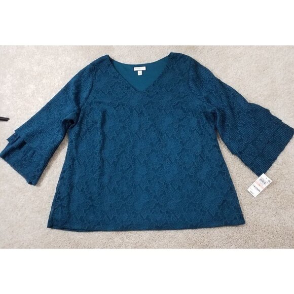 Charter Club Woman~Plus Size 0X~Teal Tiered-Sleeve Lace Deep Pine Blouse NWT$89 - Picture 3 of 9